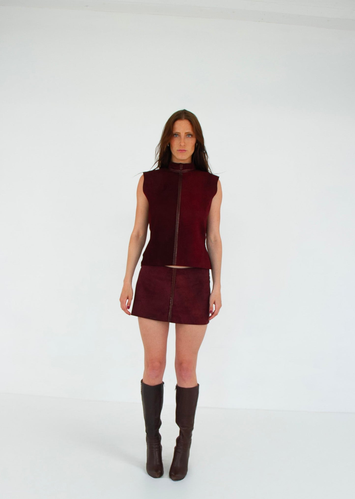The Tunic Top and Mini Skirt set MERLOT front suede