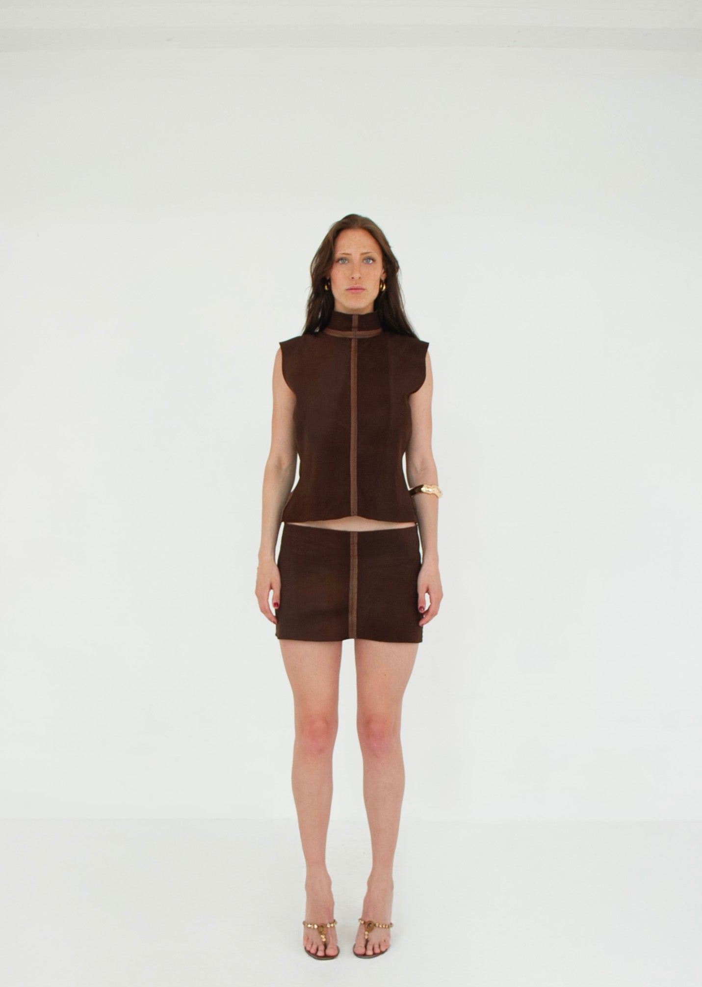 The Tunic Top and Mini Skirt Set COCOA front suede