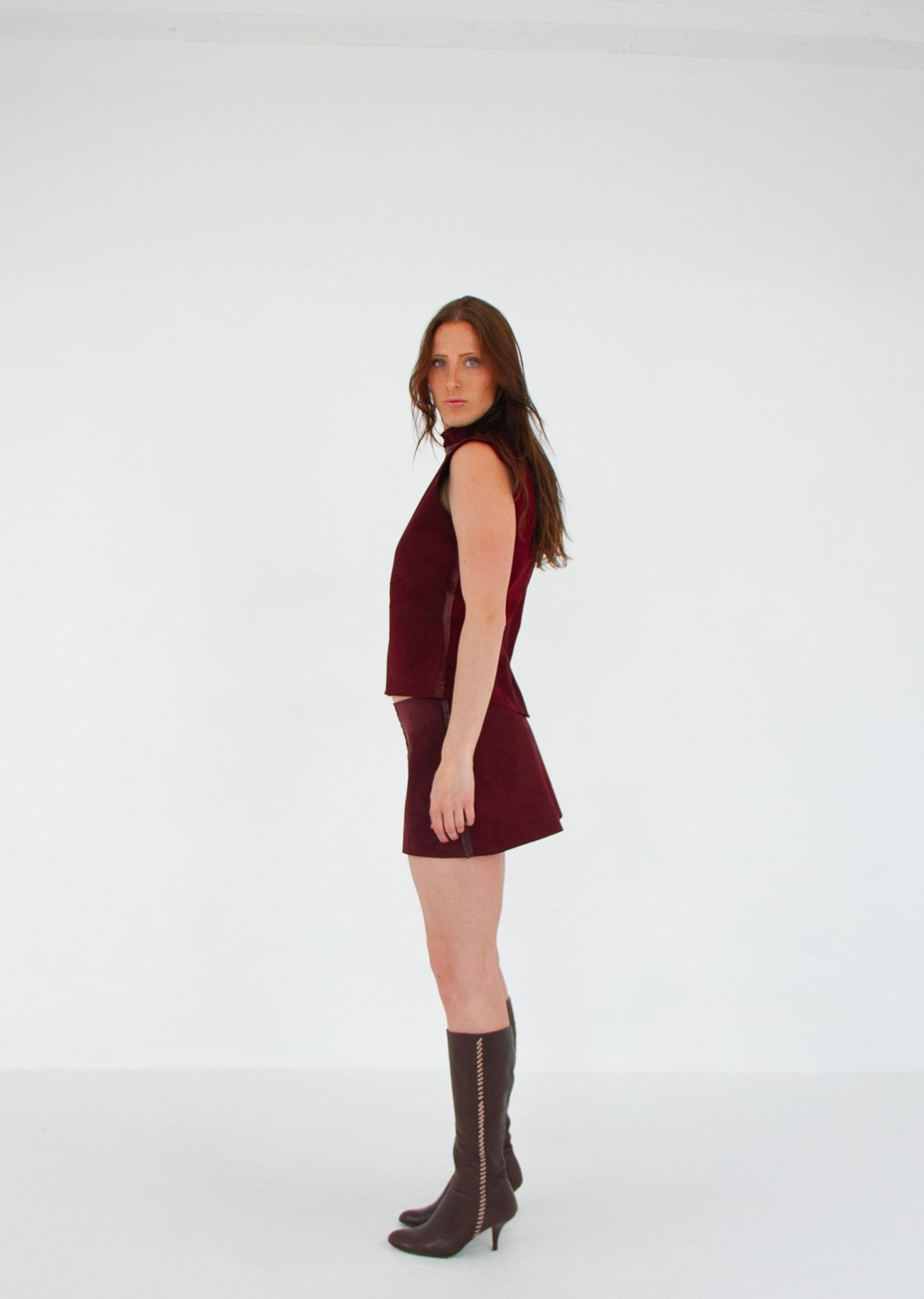 The Tunic Top and Mini Skirt set MERLOT left suede